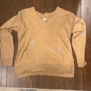 Knox Rose Tan V-Neck Sweater with Silver Star Details